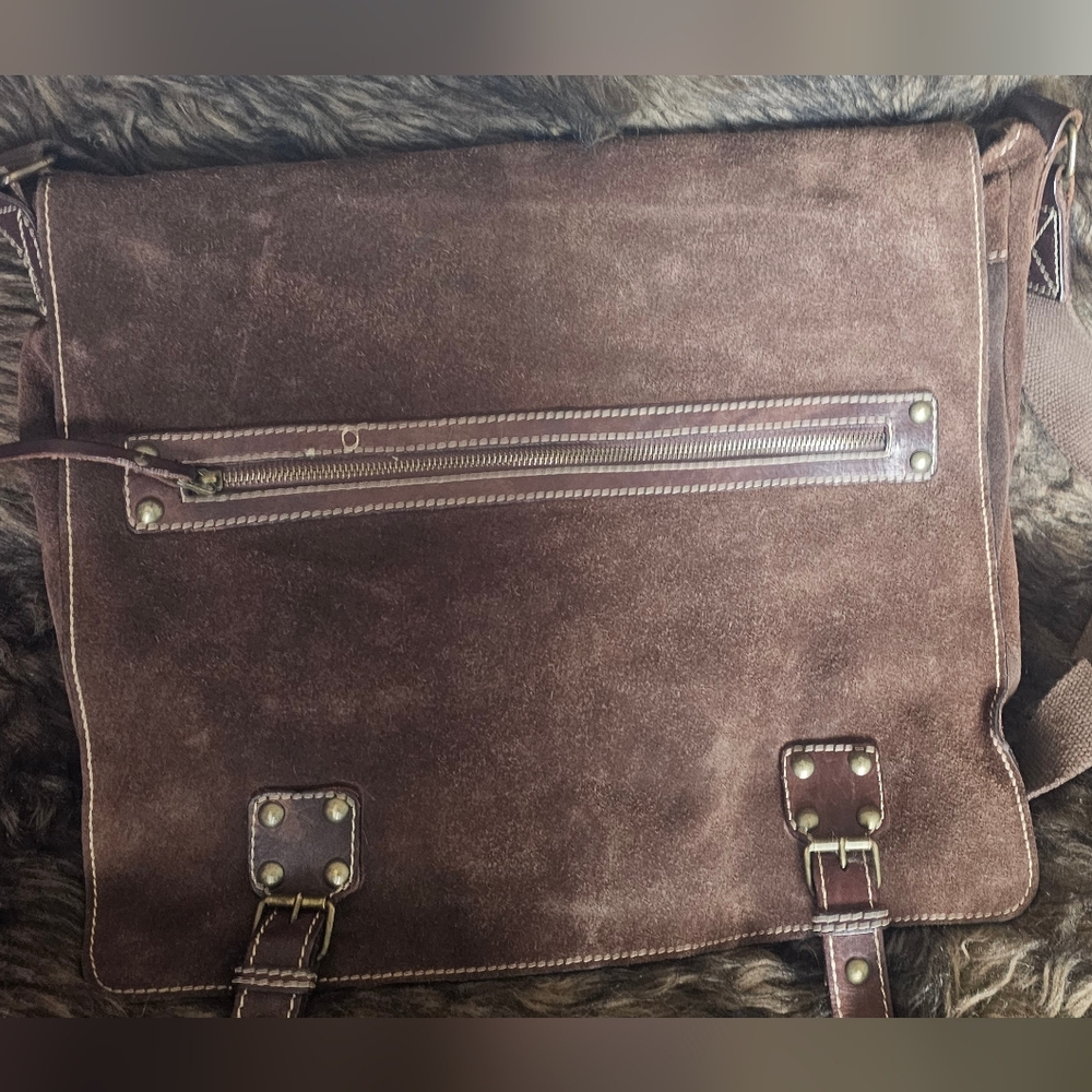 Brown Suede Messenger Bag for Men - Classic Leather Trim
